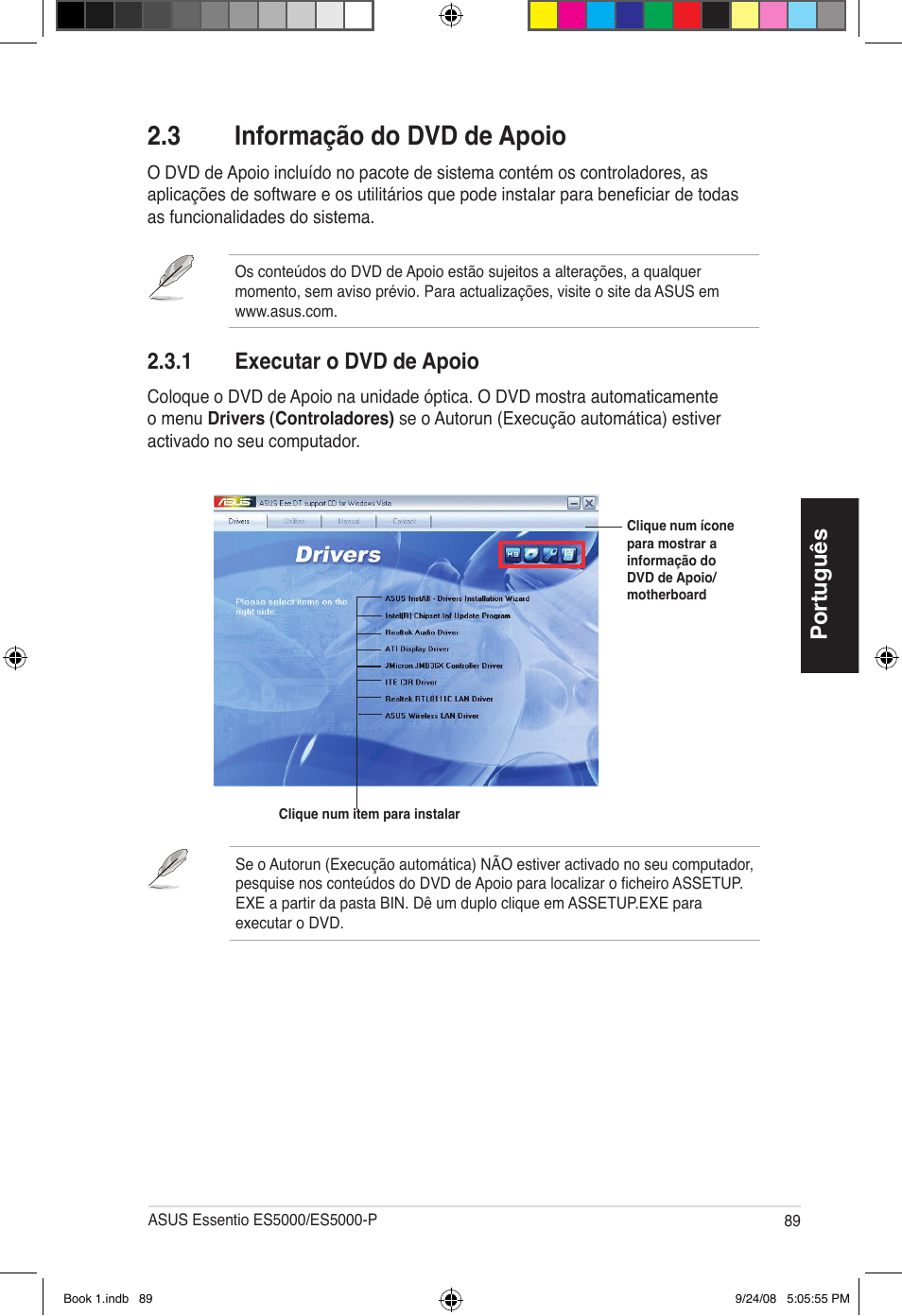 3 informação do dvd de apoio, Português, 1 executar o dvd de apoio | Asus Essentio ES5000 User Manual | Page 90 / 174