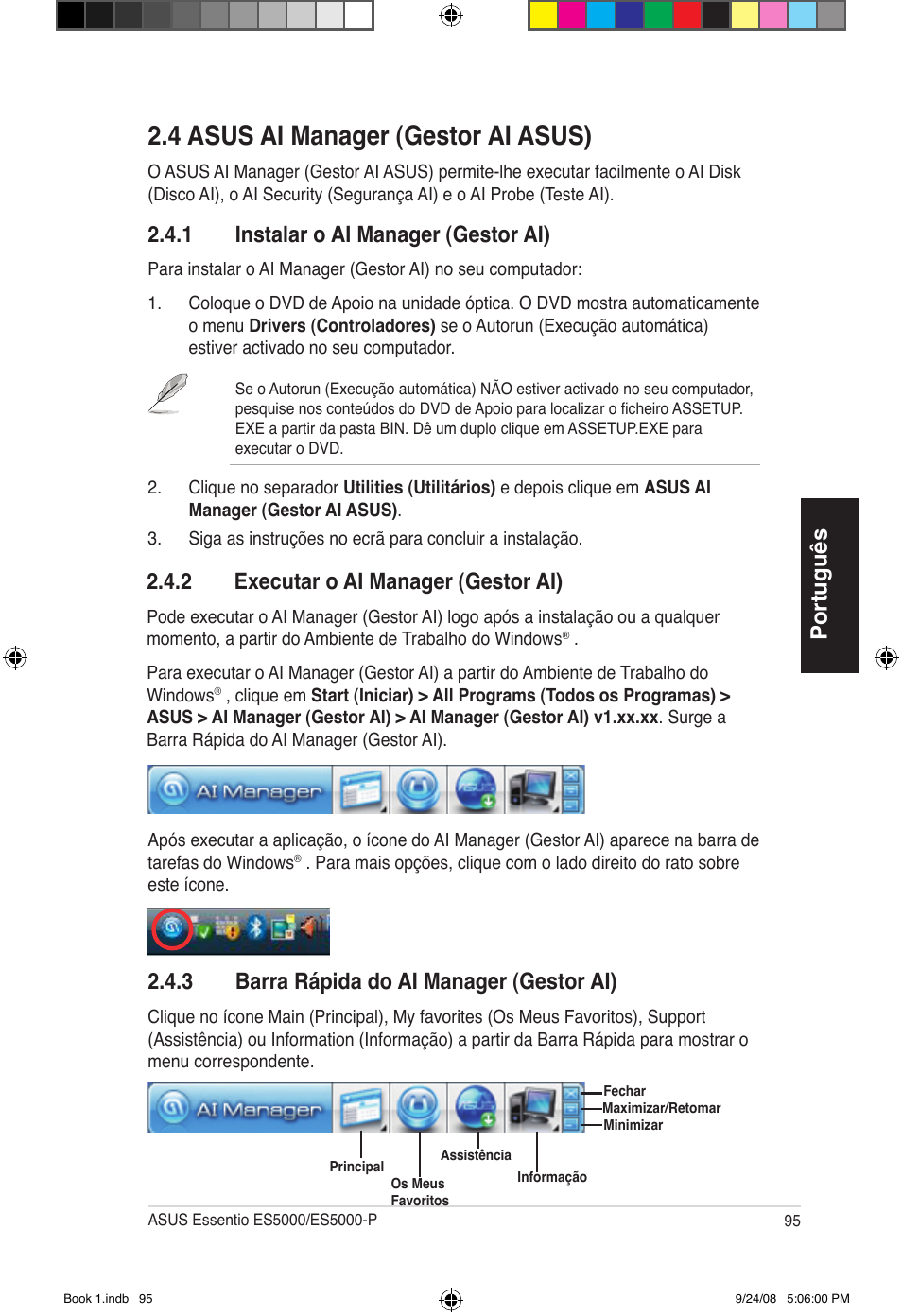 4 asus ai manager (gestor ai asus), Português, 1 instalar o ai manager (gestor ai) | 2 executar o ai manager (gestor ai), 3 barra rápida do ai manager (gestor ai) | Asus Essentio ES5000 User Manual | Page 96 / 174