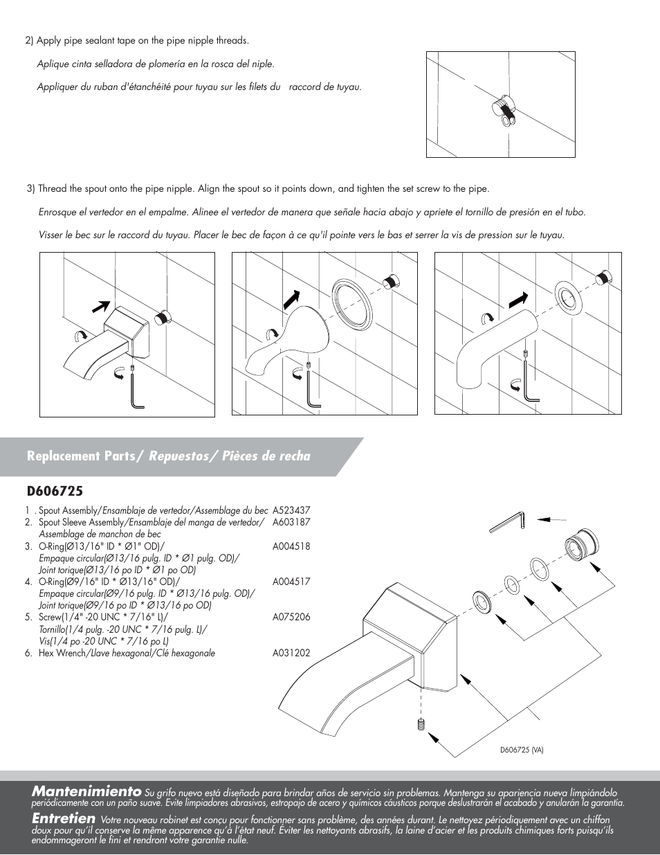 Mantenimiento, Entretien, Replacement parts/ repuestos/ pièces de recha | Danze D606558 - Installation Manual User Manual | Page 3 / 4