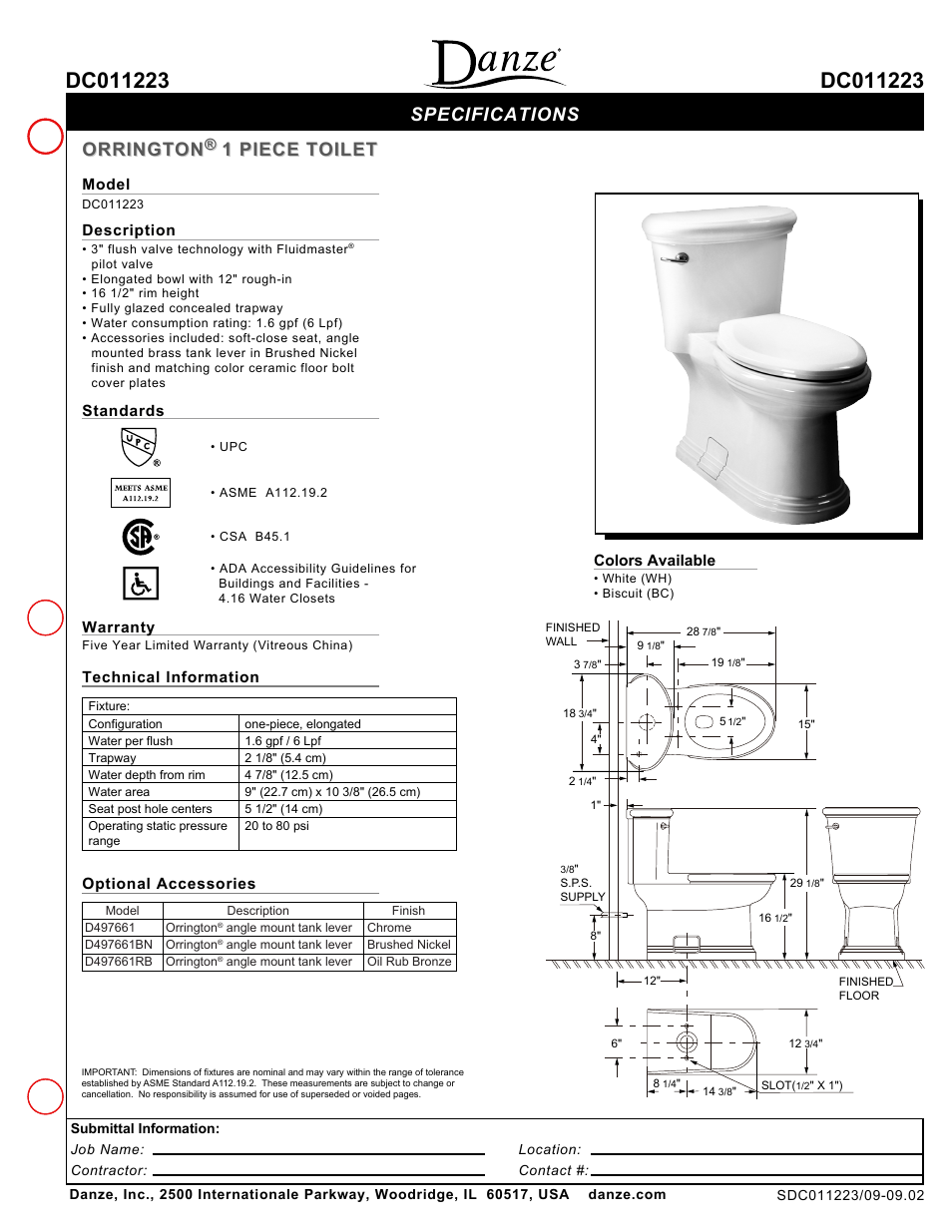 Danze DC011223 - Spec Sheets User Manual | 1 page