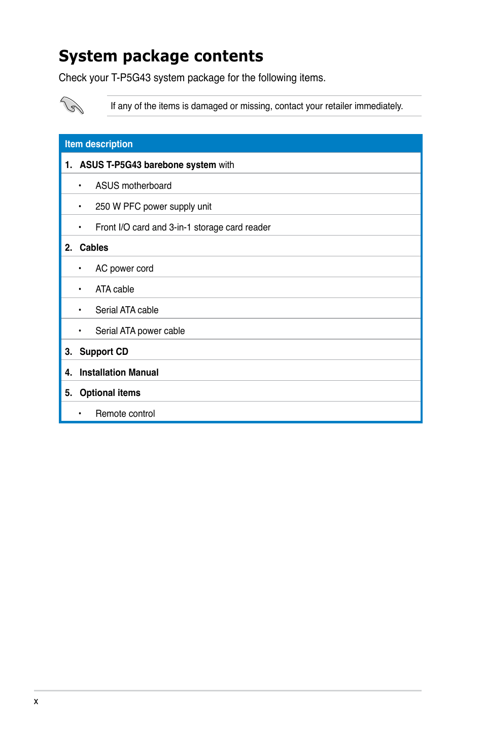 System package contents | Asus T3-P5G43 User Manual | Page 10 / 104