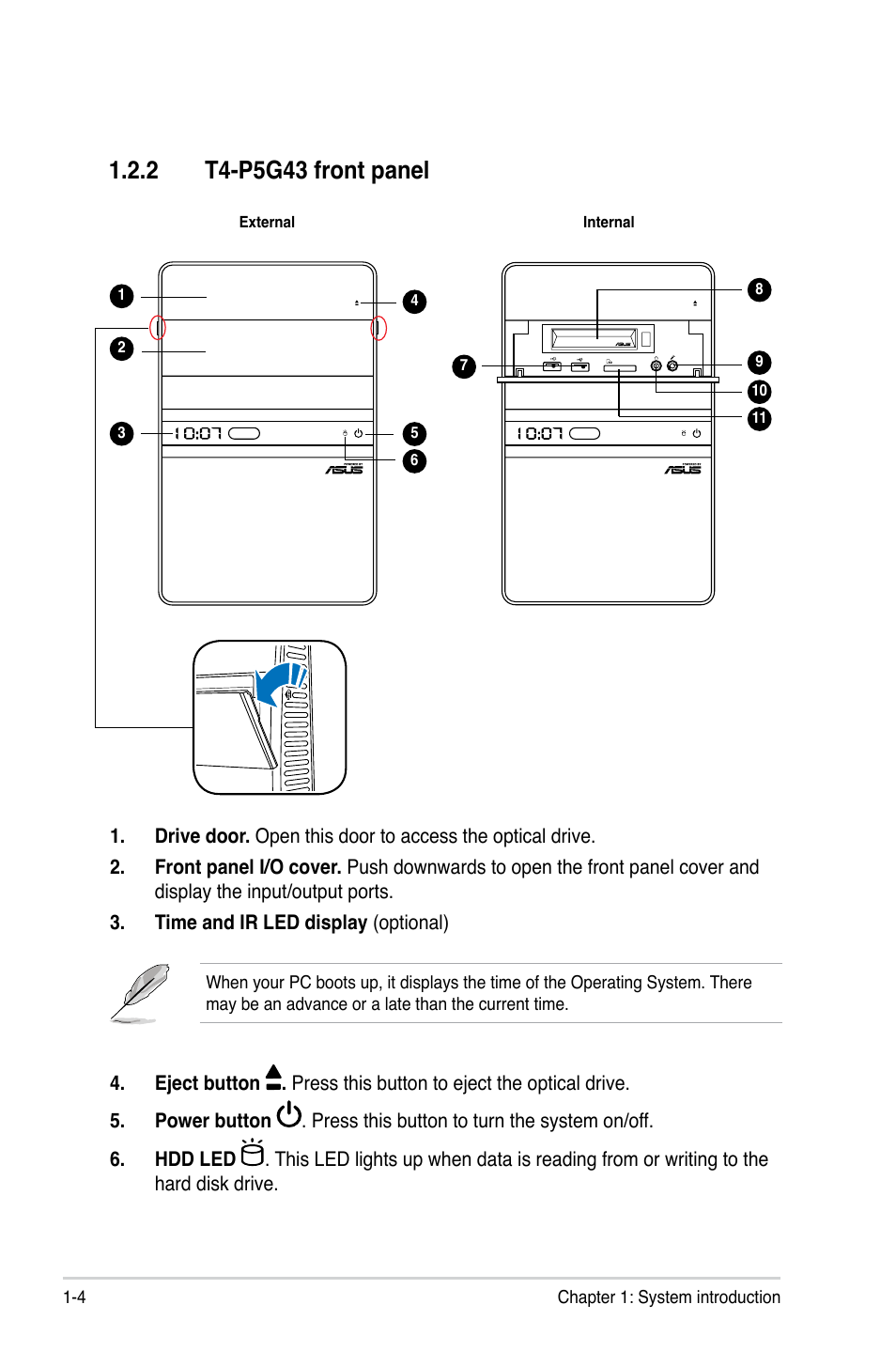 2 t4-p5g43 front panel, T4-p5g43 front panel -4 | Asus T3-P5G43 User Manual | Page 14 / 104