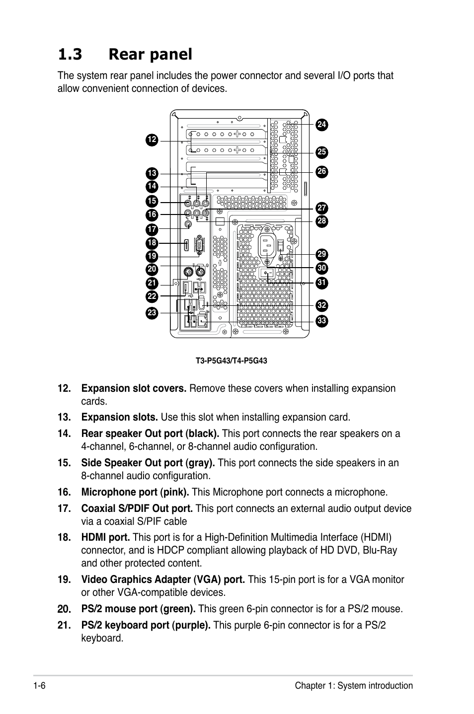 3 rear panel, Rear panel -6 | Asus T3-P5G43 User Manual | Page 16 / 104