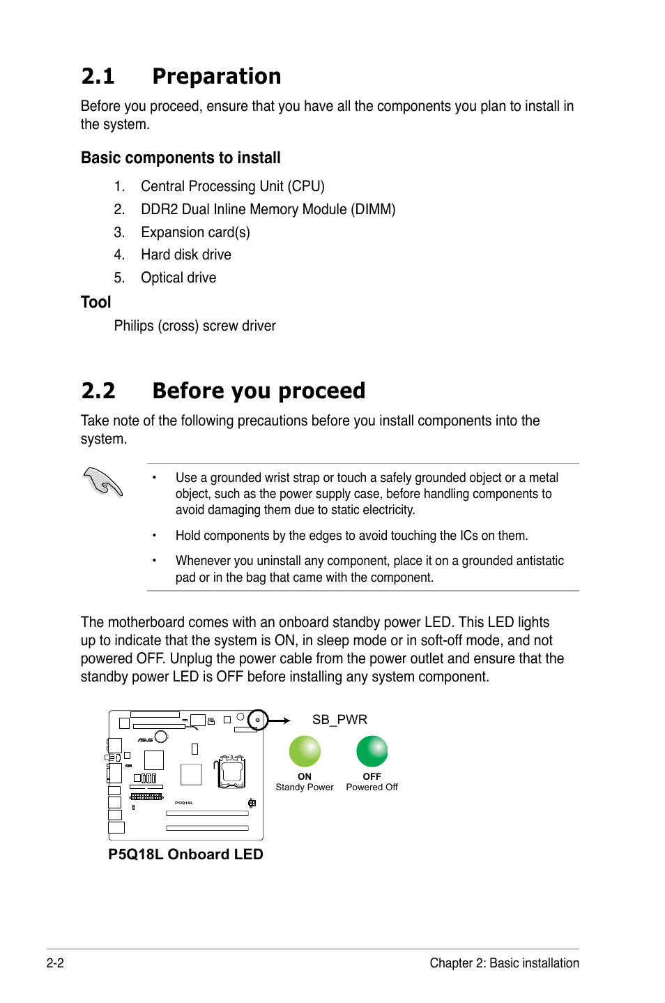 1 preparation, 2 before you proceed, Preparation -2 | Before you proceed -2, Basic components to install, Tool | Asus T3-P5G43 User Manual | Page 22 / 104