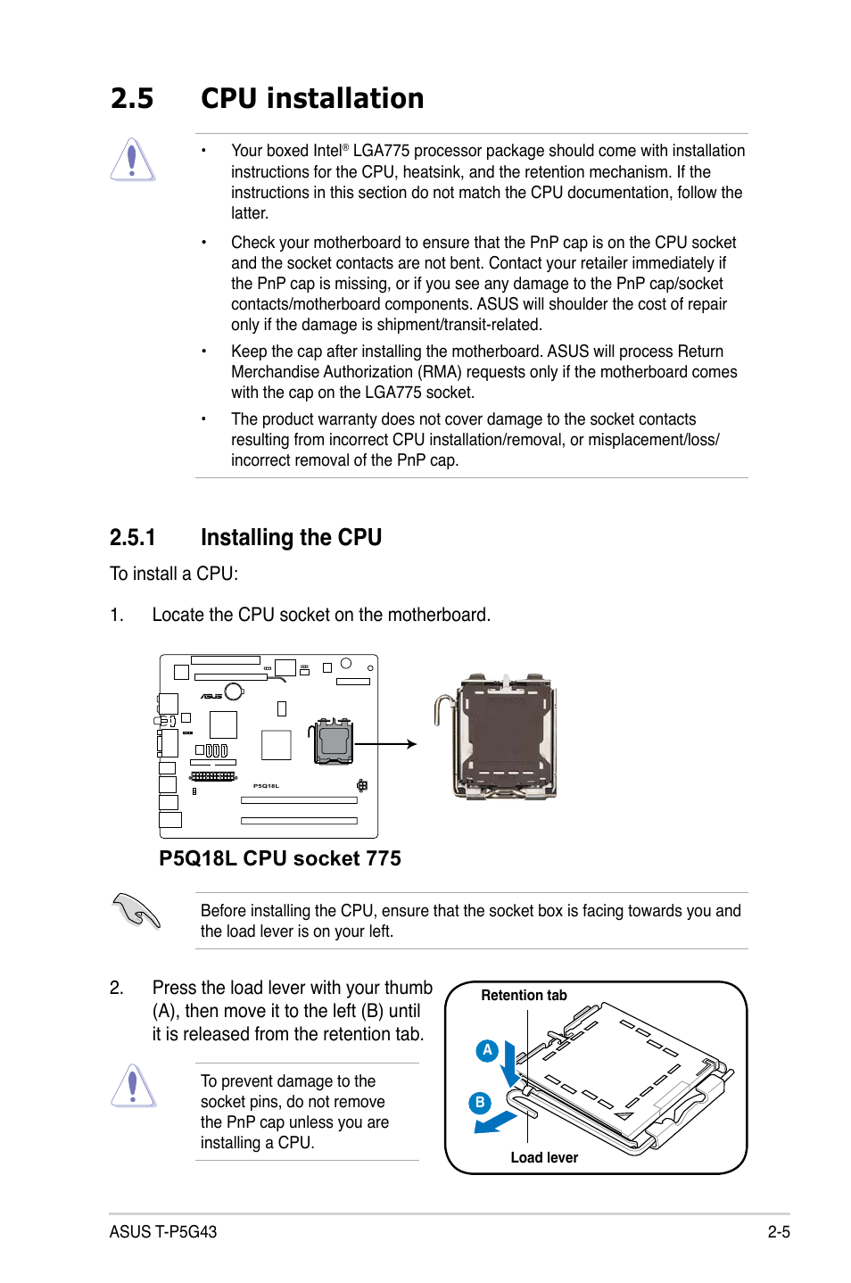 5 cpu installation, 1 installing the cpu, Cpu installation -5 2.5.1 | Installing the cpu -5 | Asus T3-P5G43 User Manual | Page 25 / 104