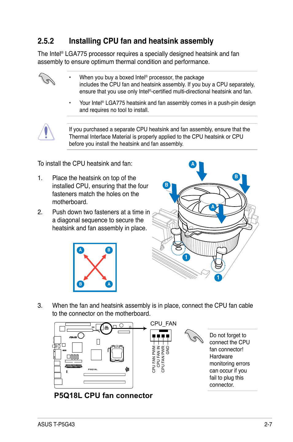 2 installing cpu fan and heatsink assembly, Installing cpu fan and heatsink assembly -7, P5q18l cpu fan connector | The intel | Asus T3-P5G43 User Manual | Page 27 / 104