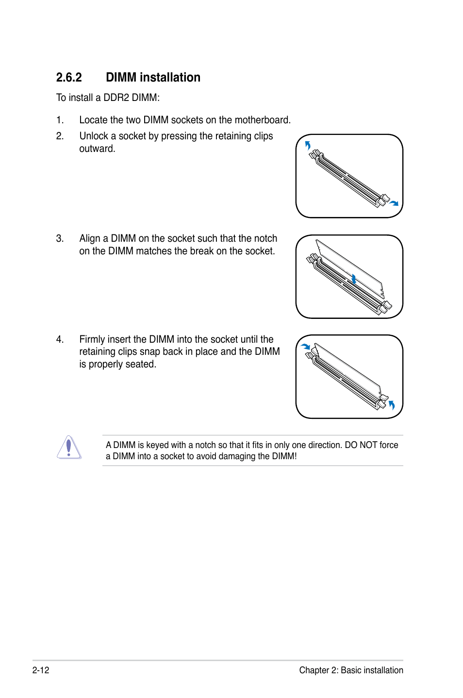 2 dimm installation, Dimm installation -12 | Asus T3-P5G43 User Manual | Page 32 / 104