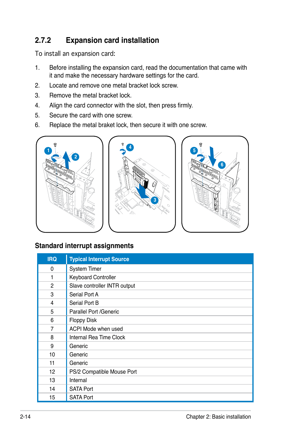 2 expansion card installation, Expansion card installation -14, Standard interrupt assignments | Asus T3-P5G43 User Manual | Page 34 / 104