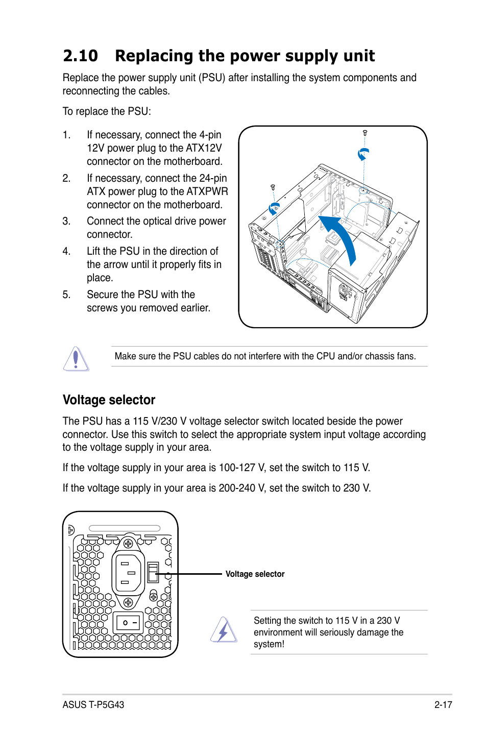 10 replacing the power supply unit, Voltage selector, 10 replacing the power supply unit -17 | Voltage selector -17 | Asus T3-P5G43 User Manual | Page 37 / 104