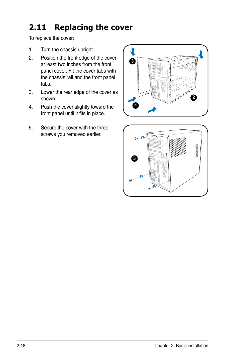 11 replacing the cover, 11 replacing the cover -18 | Asus T3-P5G43 User Manual | Page 38 / 104