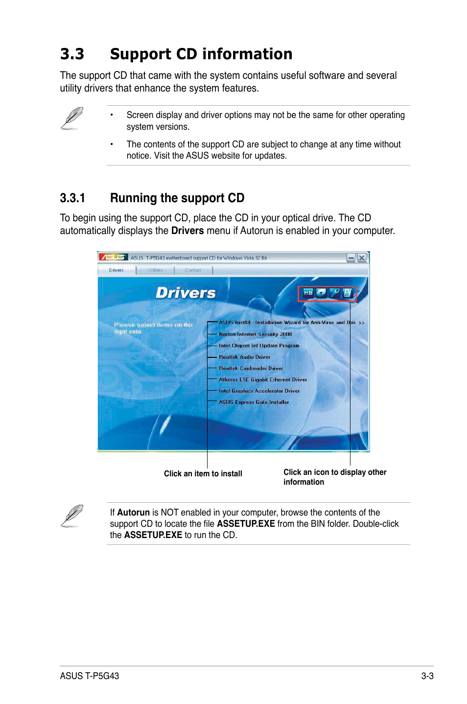 3 support cd information, 1 running the support cd, Support cd information -3 | Running the support cd -3 | Asus T3-P5G43 User Manual | Page 41 / 104