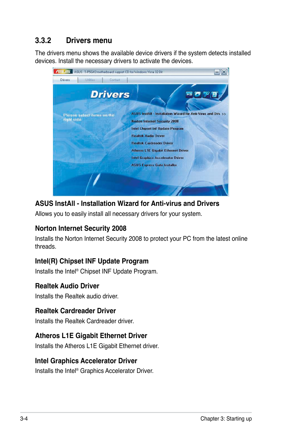 2 drivers menu, Drivers menu -4 | Asus T3-P5G43 User Manual | Page 42 / 104