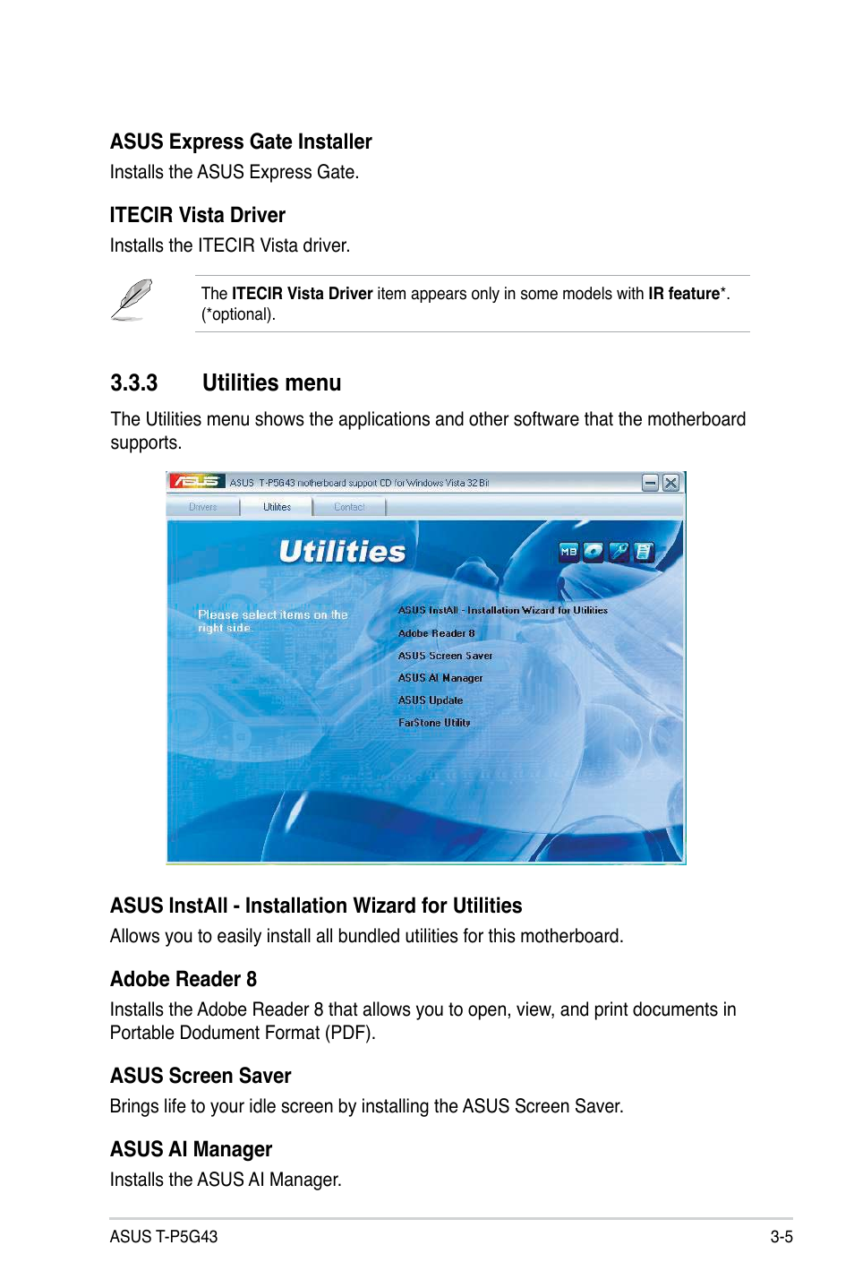 3 utilities menu, Utilities menu -5 | Asus T3-P5G43 User Manual | Page 43 / 104