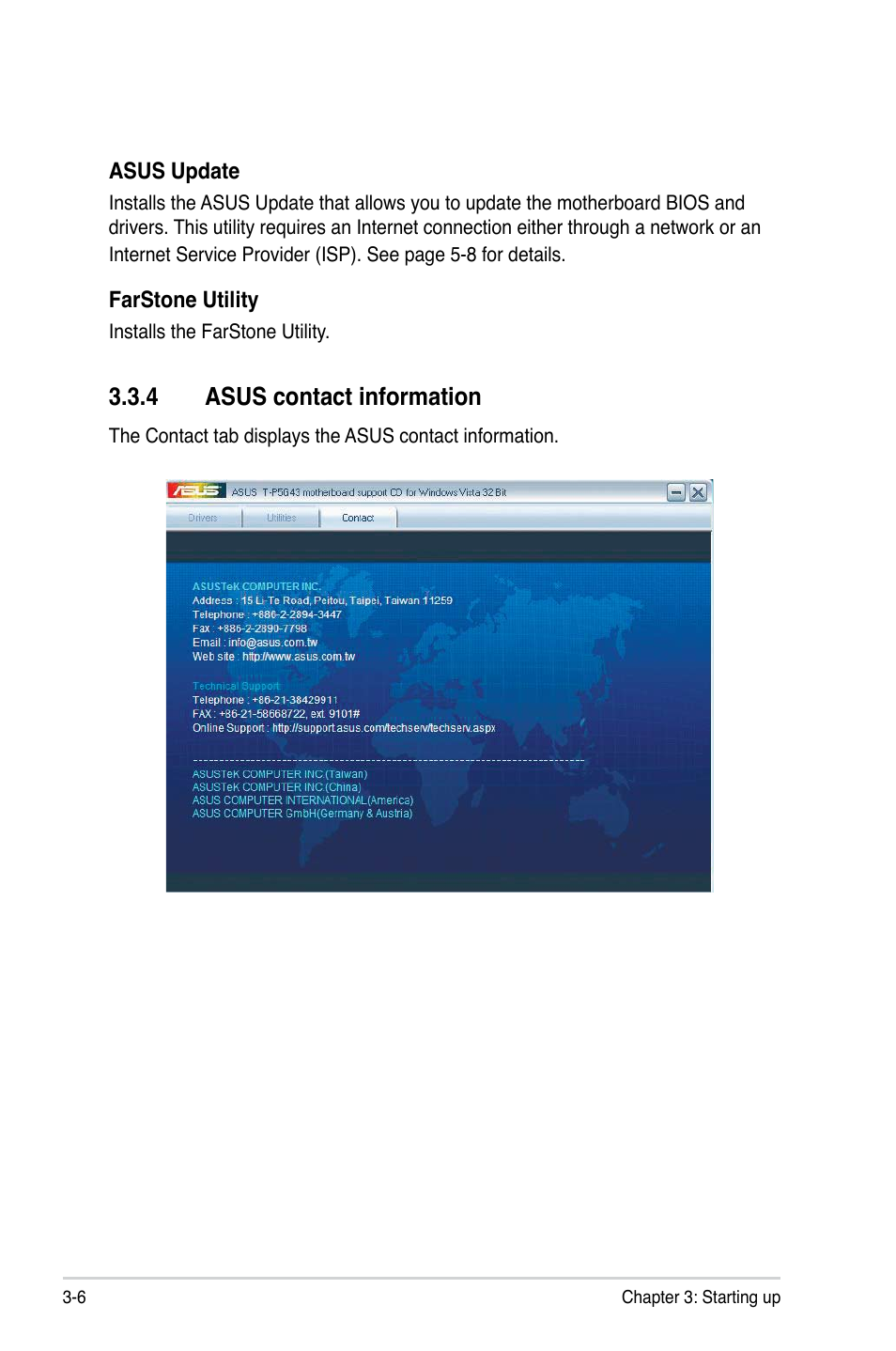 4 asus contact information, Asus contact information -6 | Asus T3-P5G43 User Manual | Page 44 / 104