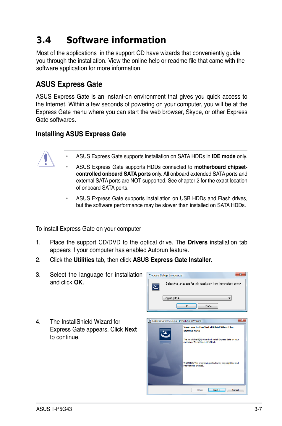 4 software information, Asus express gate, Software information -7 asus express gate -7 | Asus T3-P5G43 User Manual | Page 45 / 104