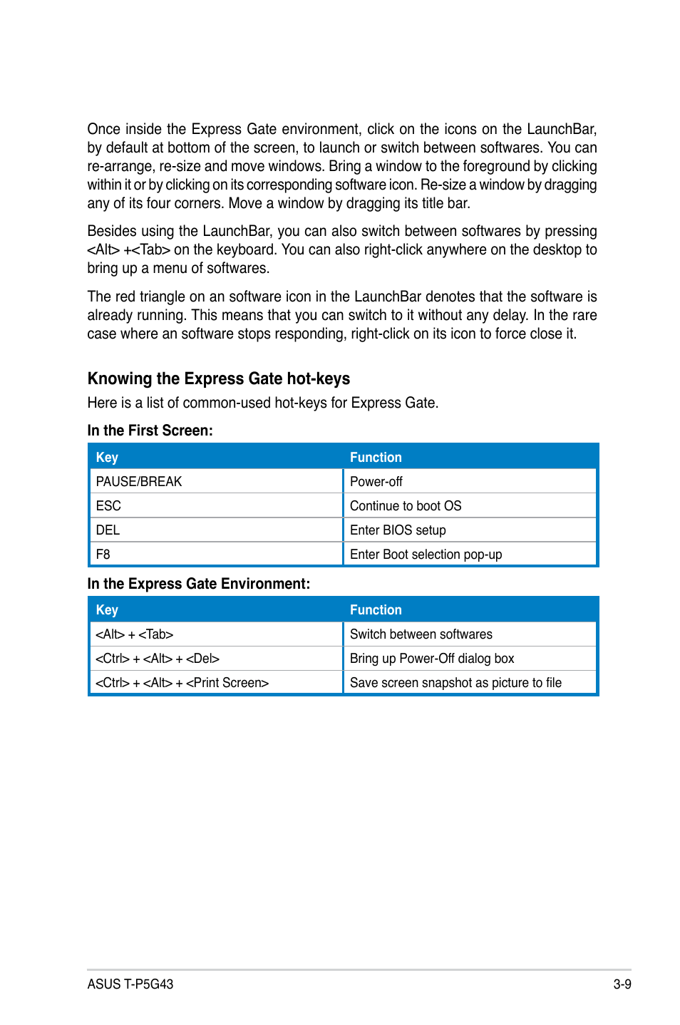 Knowing the express gate hot-keys | Asus T3-P5G43 User Manual | Page 47 / 104