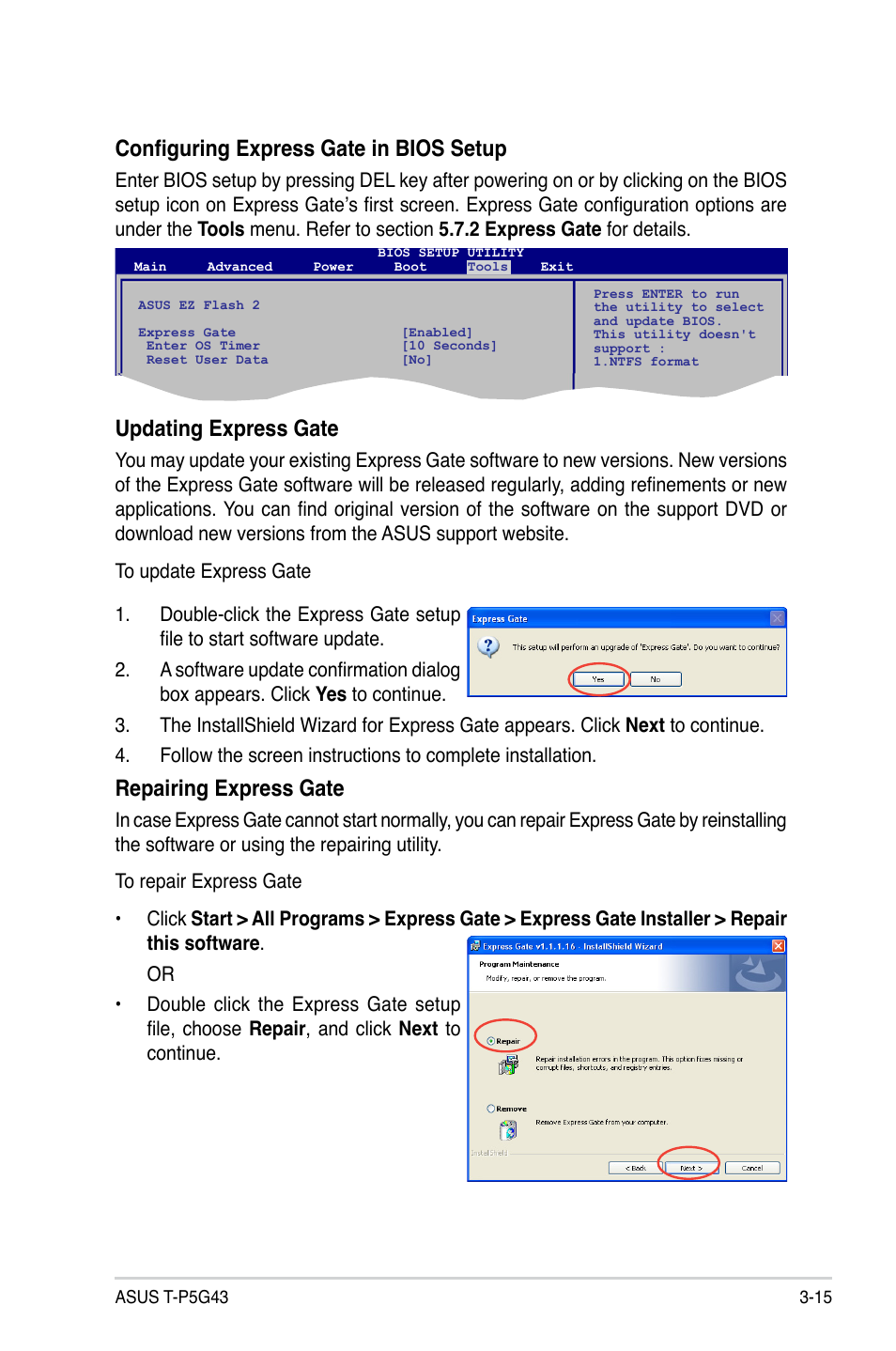 Configuring express gate in bios setup, Updating express gate, Repairing express gate | Asus T3-P5G43 User Manual | Page 53 / 104