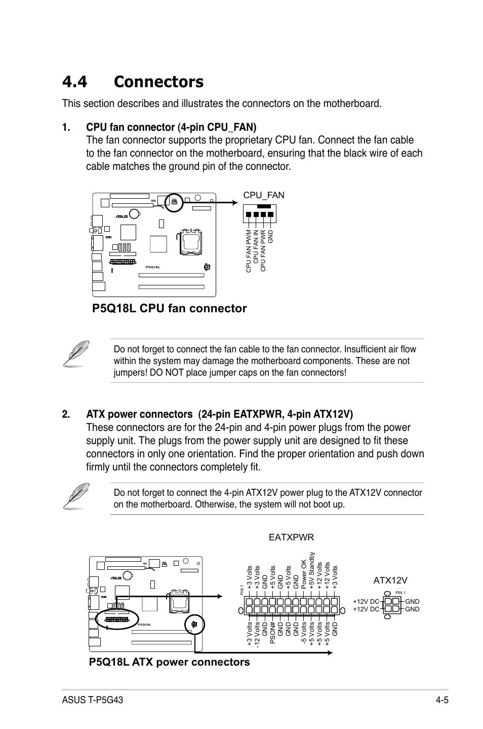 4 connectors, Connectors -5, P5q18l cpu fan connector | P5q18l atx power connectors, 5 asus t-p5g43, Eatxpwr, Atx12v | Asus T3-P5G43 User Manual | Page 59 / 104