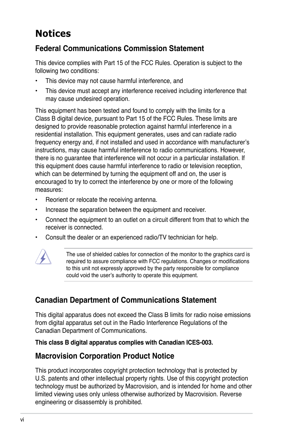 Notices, Federal communications commission statement, Canadian department of communications statement | Macrovision corporation product notice | Asus T3-P5G43 User Manual | Page 6 / 104