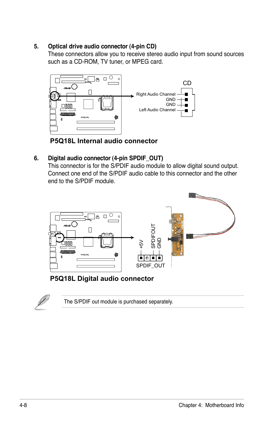 P5q18l internal audio connector, P5q18l digital audio connector | Asus T3-P5G43 User Manual | Page 62 / 104