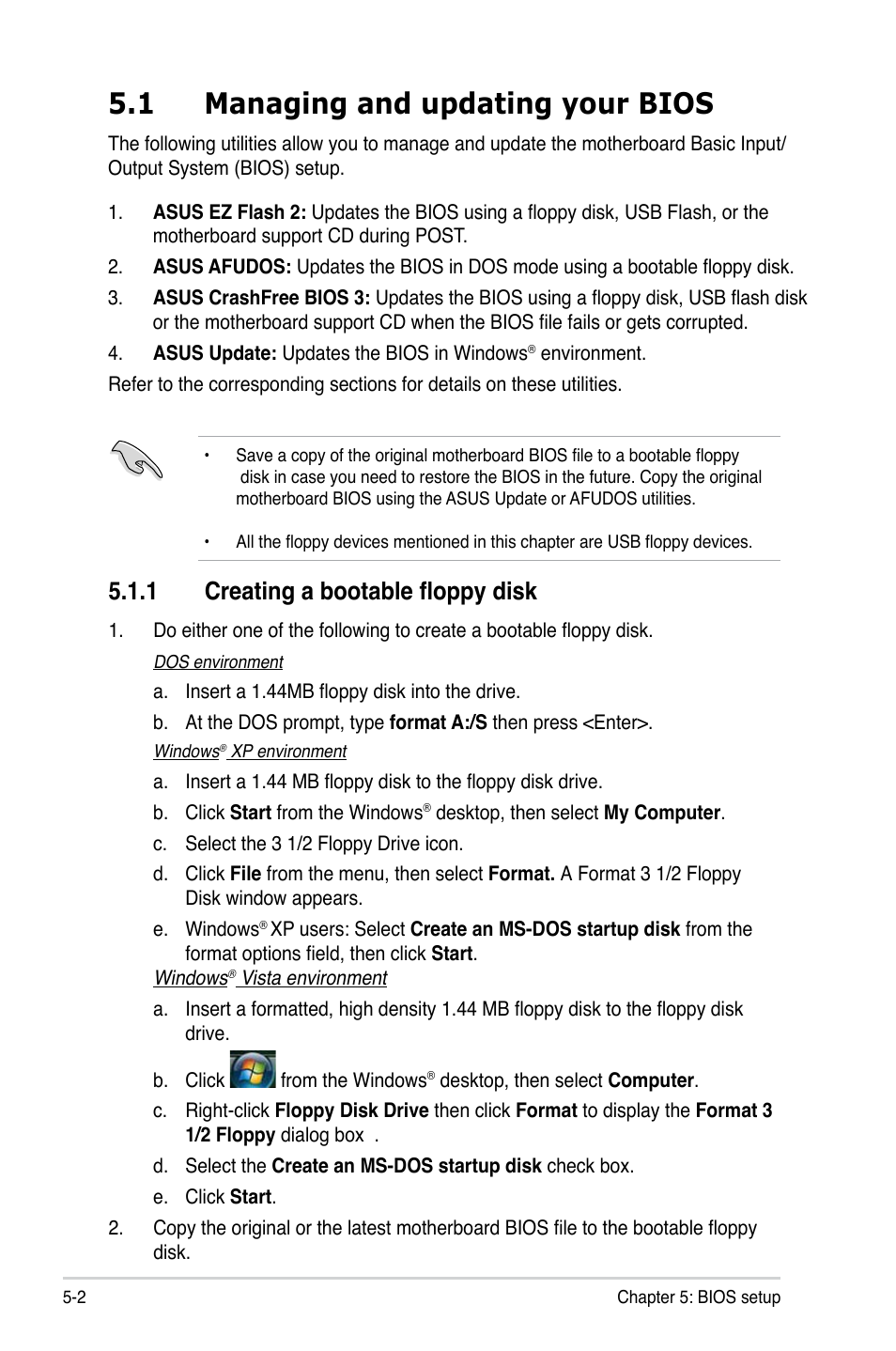 1 managing and updating your bios, 1 creating a bootable floppy disk, Managing and updating your bios -2 5.1.1 | Creating a bootable floppy disk -2 | Asus T3-P5G43 User Manual | Page 64 / 104