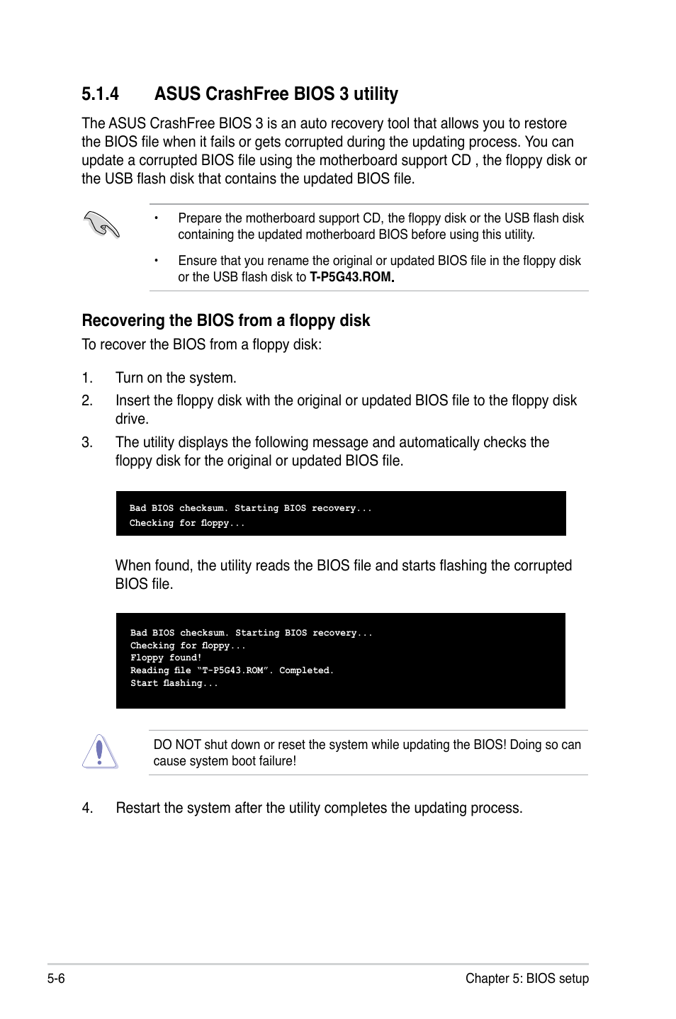 4 asus crashfree bios 3 utility, Asus crashfree bios 3 utility -6, Recovering the bios from a floppy disk | Asus T3-P5G43 User Manual | Page 68 / 104