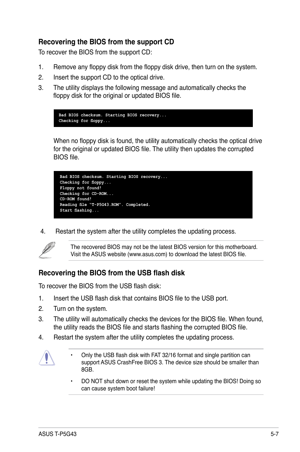 Recovering the bios from the support cd, Recovering the bios from the usb flash disk | Asus T3-P5G43 User Manual | Page 69 / 104