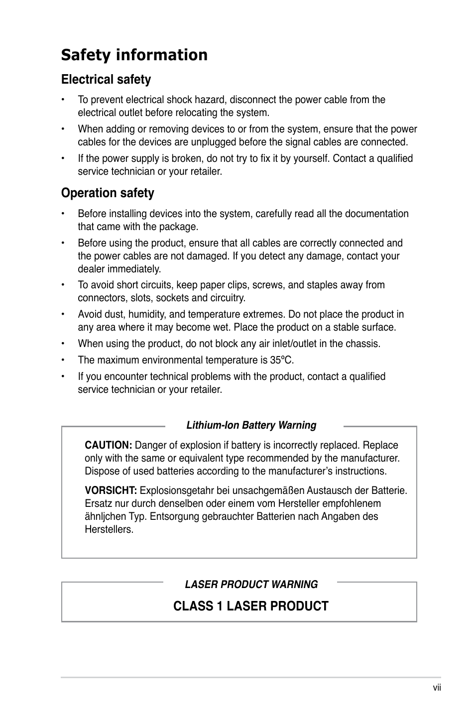 Safety information, Electrical safety, Operation safety | Class 1 laser product | Asus T3-P5G43 User Manual | Page 7 / 104