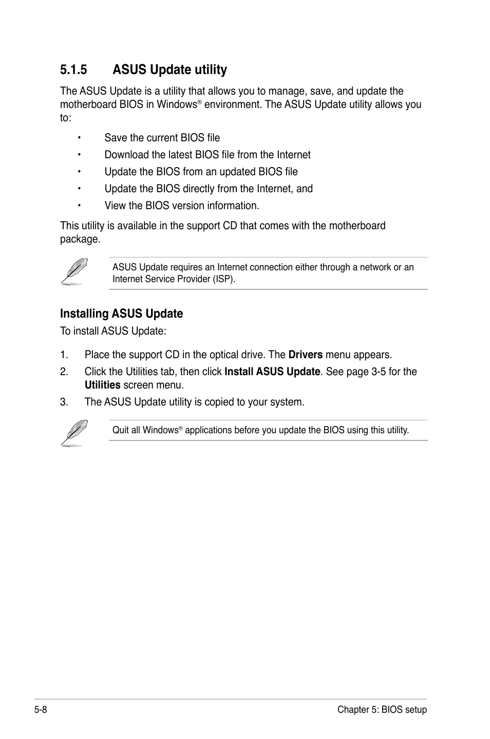 5 asus update utility, Asus update utility -8, Installing asus update | Asus T3-P5G43 User Manual | Page 70 / 104