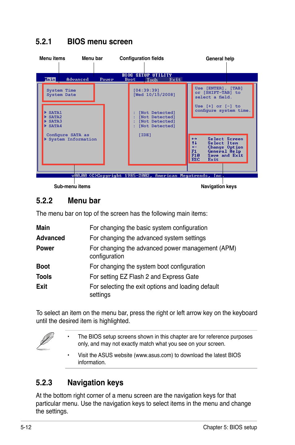 1 bios menu screen, 2 menu bar, 3 navigation keys | Bios menu screen -12, Menu bar -12, Navigation keys -12 | Asus T3-P5G43 User Manual | Page 74 / 104