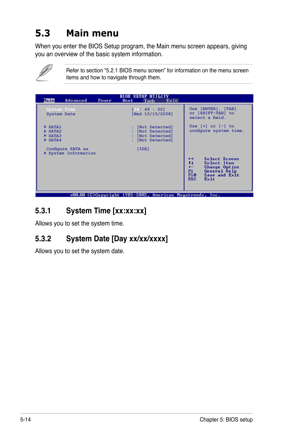 3 main menu, 1 system time, 2 system date | Main menu -14 5.3.1, System time -14, System date -14, 1 system time [xx:xx:xx, Allows you to set the system time, Allows you to set the system date | Asus T3-P5G43 User Manual | Page 76 / 104