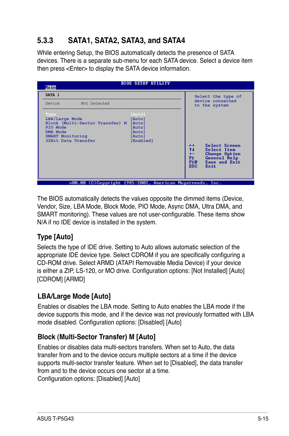 3 sata1, sata2, sata3, and sata4, Sata1, sata2, sata3, and sata4 -15, Type [auto | Lba/large mode [auto, Block (multi-sector transfer) m [auto | Asus T3-P5G43 User Manual | Page 77 / 104