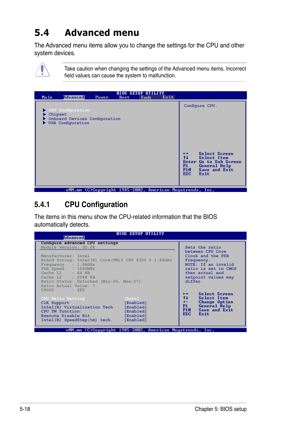 4 advanced menu, 1 cpu configuration, Advanced menu -18 5.4.1 | Cpu configuration -18 | Asus T3-P5G43 User Manual | Page 80 / 104