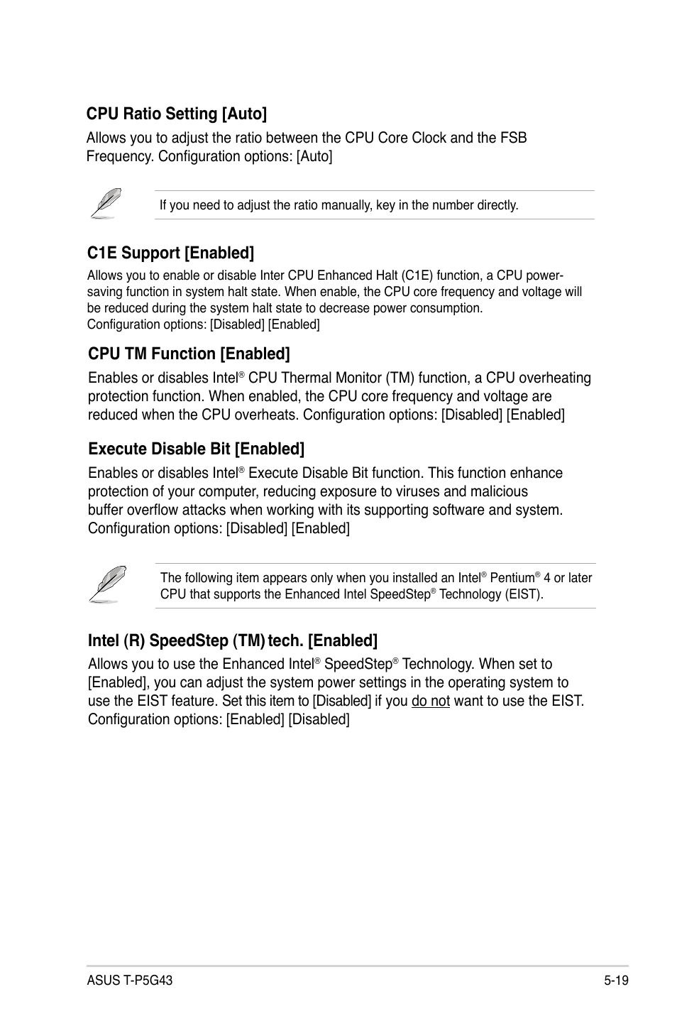 Cpu ratio setting [auto, C1e support [enabled, Intel (r) speedstep (tm) | Tech. [enabled, Cpu tm function [enabled, Execute disable bit [enabled | Asus T3-P5G43 User Manual | Page 81 / 104