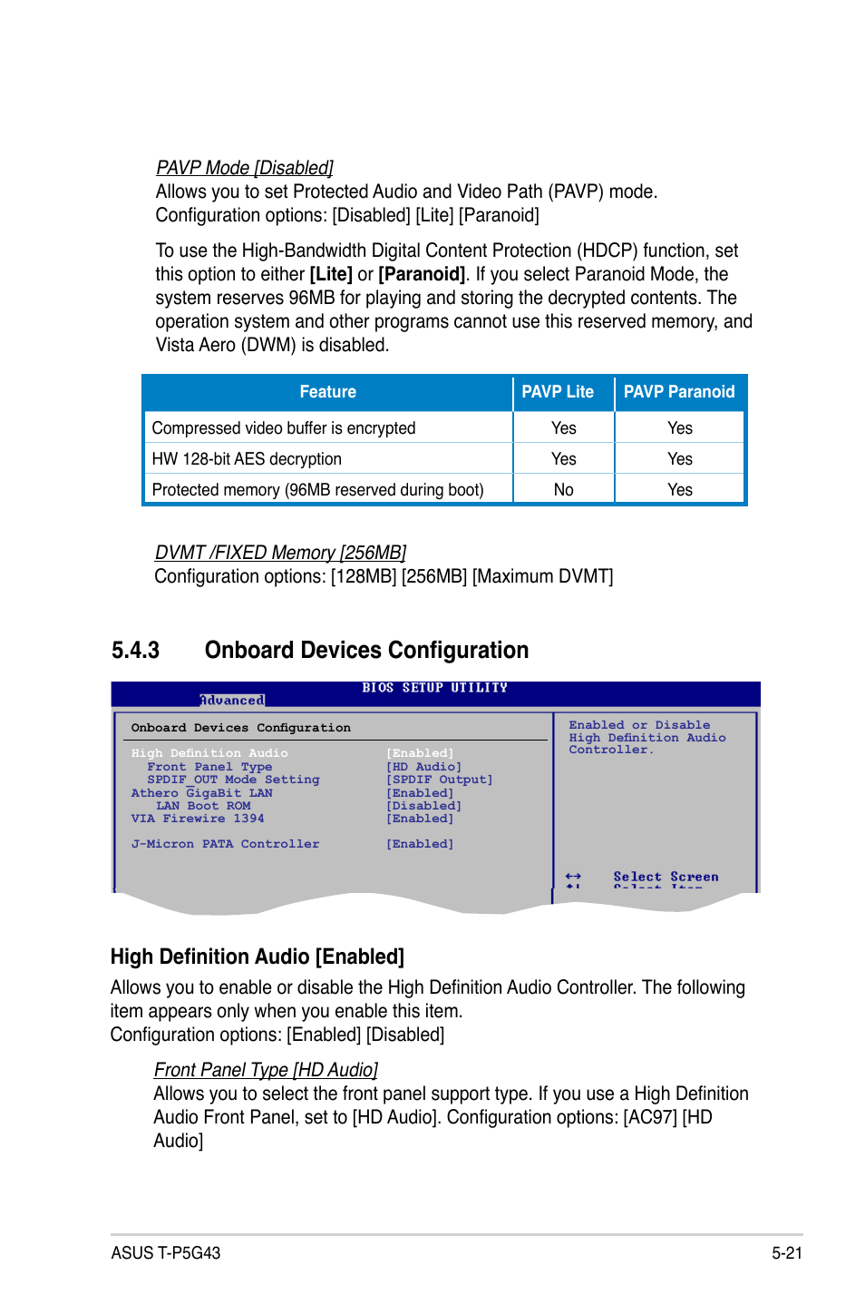 3 onboard devices configuration, Onboard devices configuration -21, High definition audio [enabled | Asus T3-P5G43 User Manual | Page 83 / 104