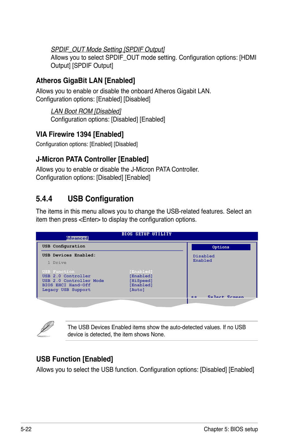 4 usb configuration, Usb configuration -22, Usb function [enabled | Atheros gigabit lan [enabled, Via firewire 1394 [enabled, J-micron pata controller [enabled | Asus T3-P5G43 User Manual | Page 84 / 104