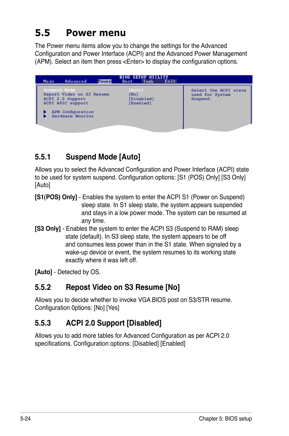 5 power menu, 1 suspend mode, 2 repost video on s3 resume | 3 acpi 2.0 support, Power menu -24 5.5.1, Suspend mode -24, Repost video on s3 resume -24, Acpi 2.0 support -24, 1 suspend mode [auto, 2 repost video on s3 resume [no | Asus T3-P5G43 User Manual | Page 86 / 104