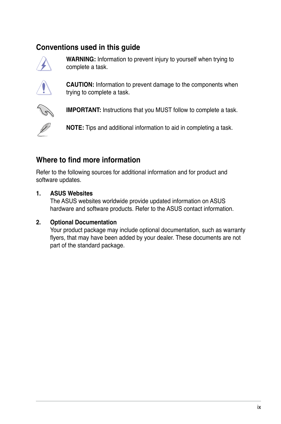 Conventions used in this guide, Where to find more information | Asus T3-P5G43 User Manual | Page 9 / 104