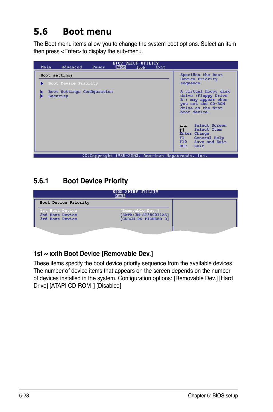 6 boot menu, 1 boot device priority, Boot menu -28 5.6.1 | Boot device priority -28, 1st ~ xxth boot device [removable dev, Disabled | Asus T3-P5G43 User Manual | Page 90 / 104