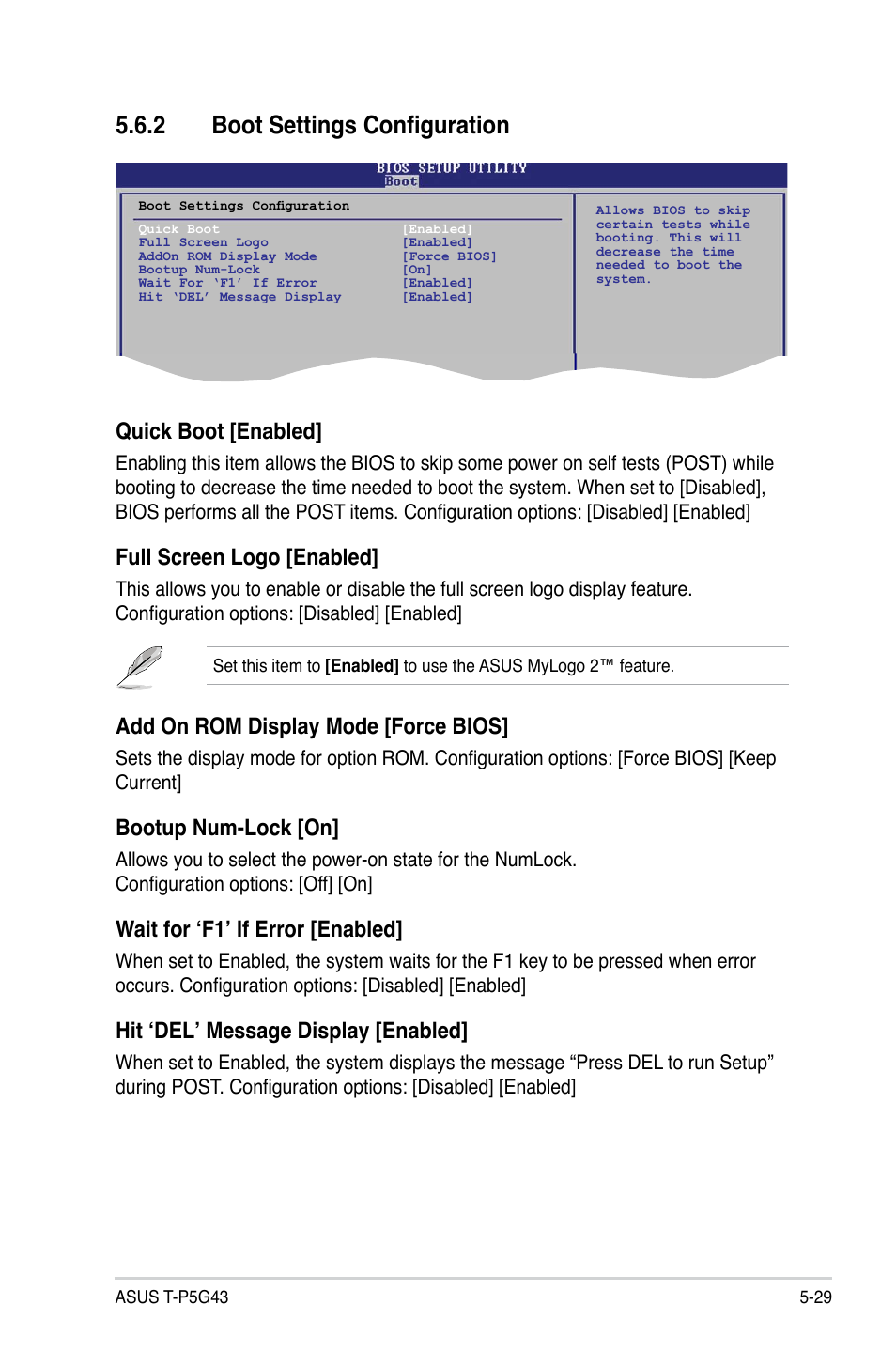2 boot settings configuration, Boot settings configuration -29, Quick boot [enabled | Full screen logo [enabled, Add on rom display mode [force bios, Bootup num-lock [on, Wait for ‘f1’ if error [enabled, Hit ‘del’ message display [enabled | Asus T3-P5G43 User Manual | Page 91 / 104