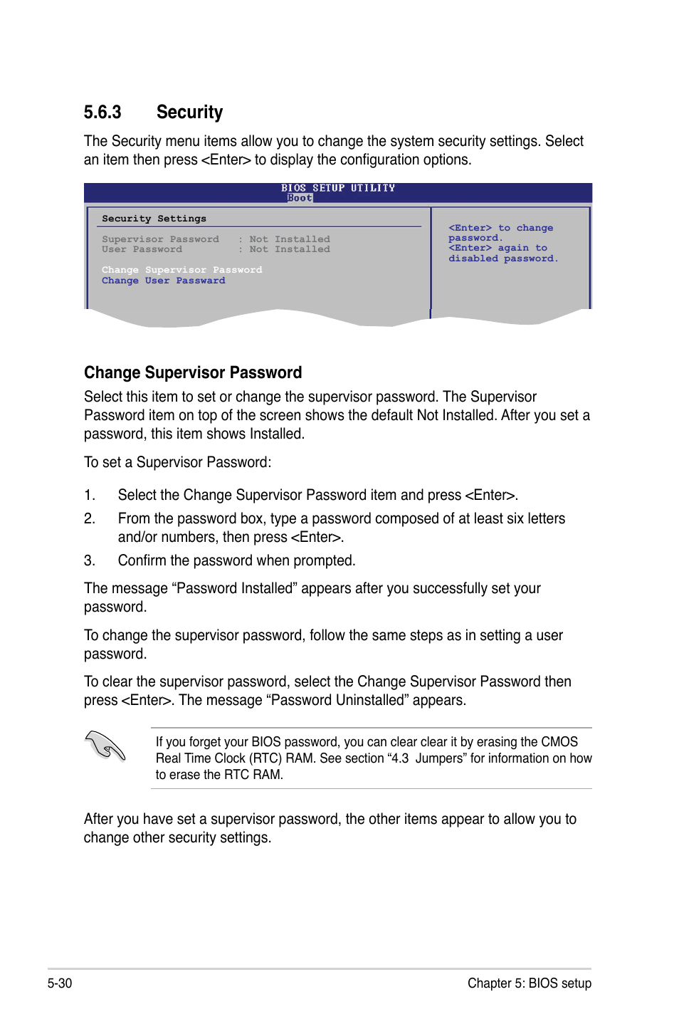 3 security, Security -30, Change supervisor password | Asus T3-P5G43 User Manual | Page 92 / 104