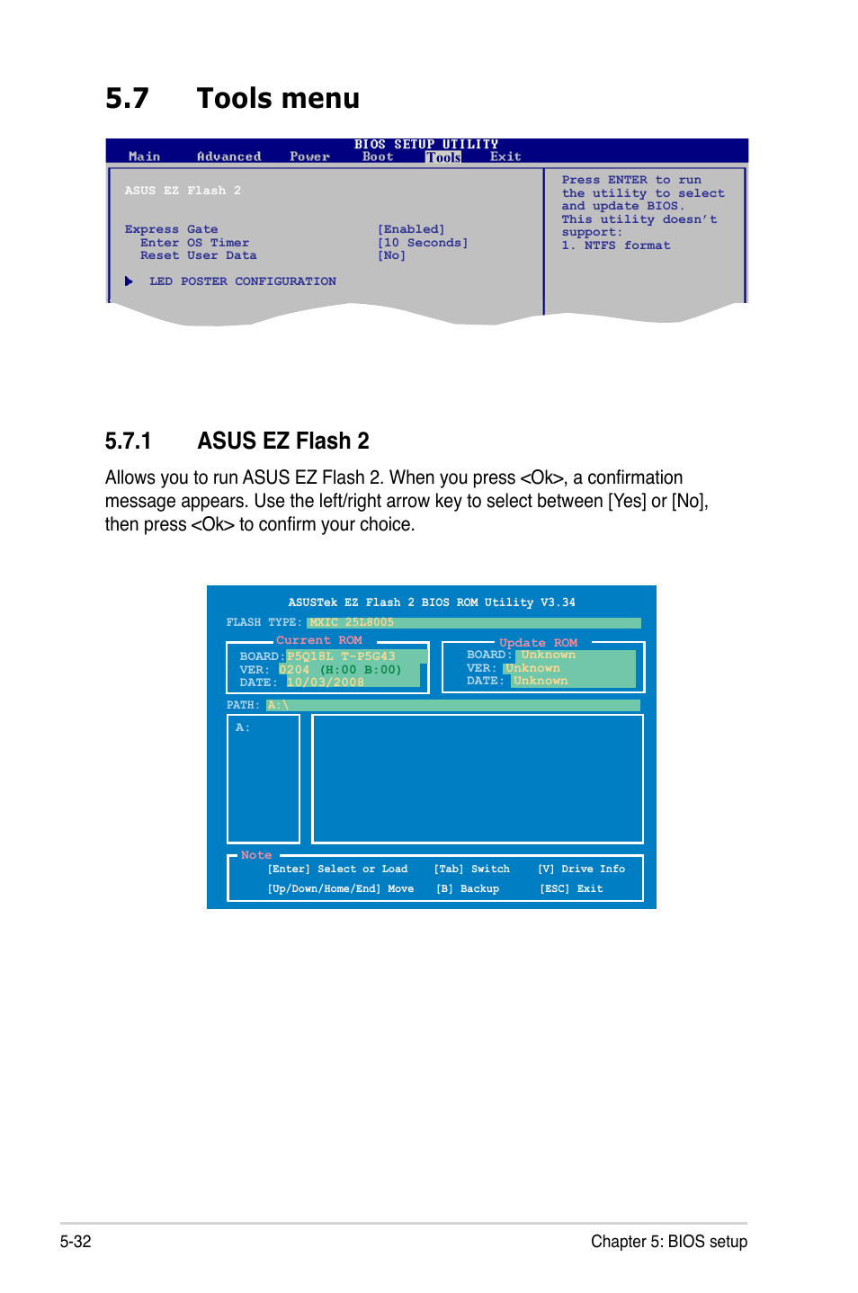 7 tools menu, 1 asus ez flash 2, Tools menu -32 5.7.1 | Asus ez flash 2 -32, 32 chapter 5: bios setup | Asus T3-P5G43 User Manual | Page 94 / 104