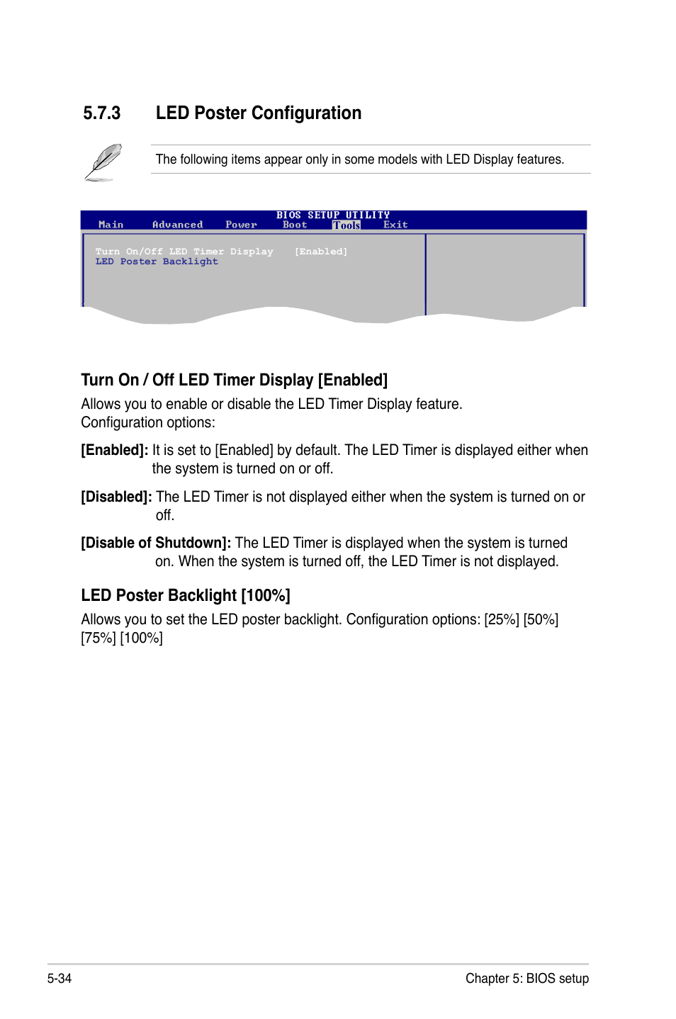 3 led poster configuration, Led poster configuration -34, Turn on / off led timer display [enabled | Led poster backlight [100 | Asus T3-P5G43 User Manual | Page 96 / 104