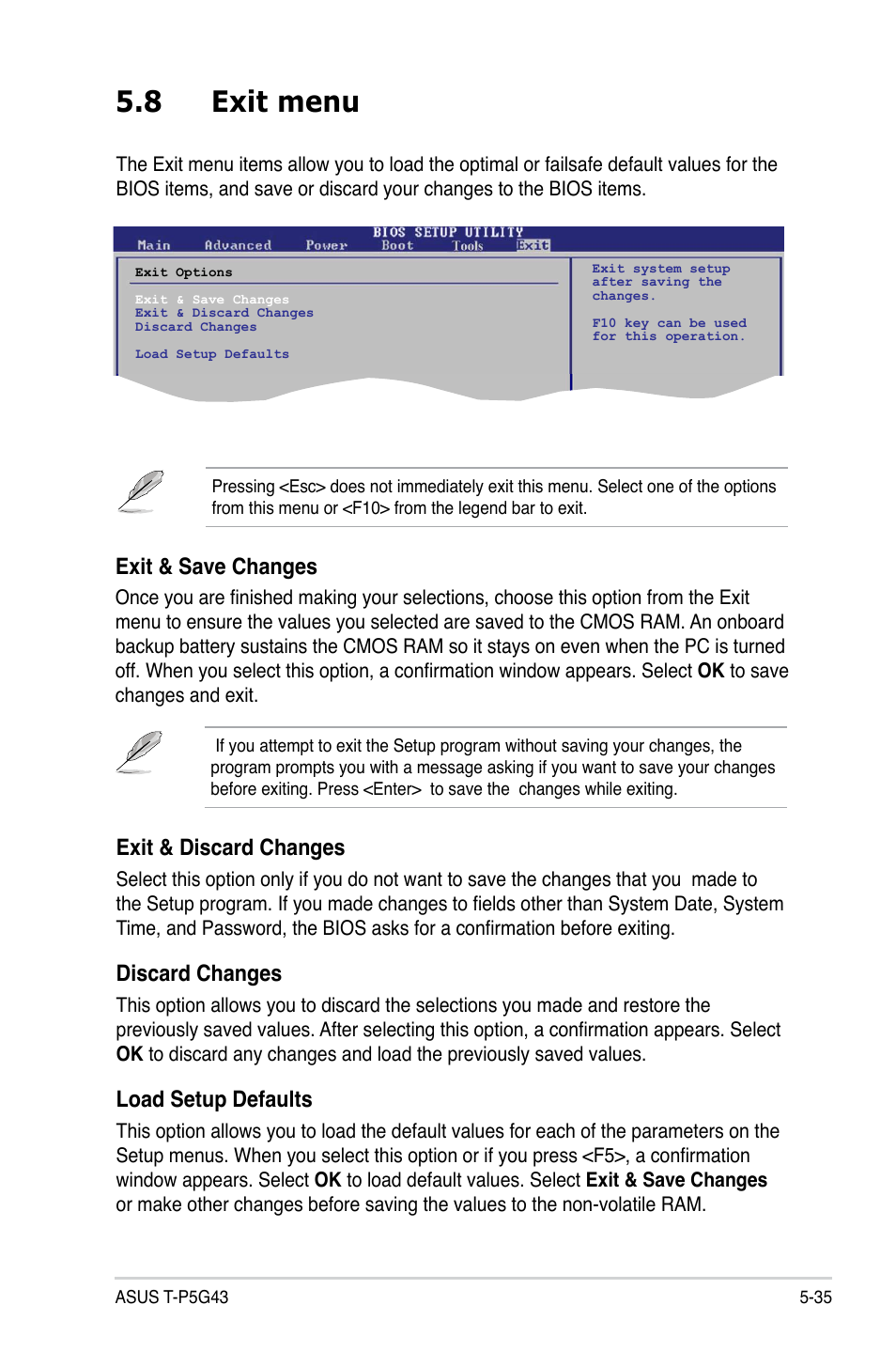 8 exit menu, Exit menu -35, Exit & discard changes | Discard changes, Load setup defaults, Exit & save changes | Asus T3-P5G43 User Manual | Page 97 / 104