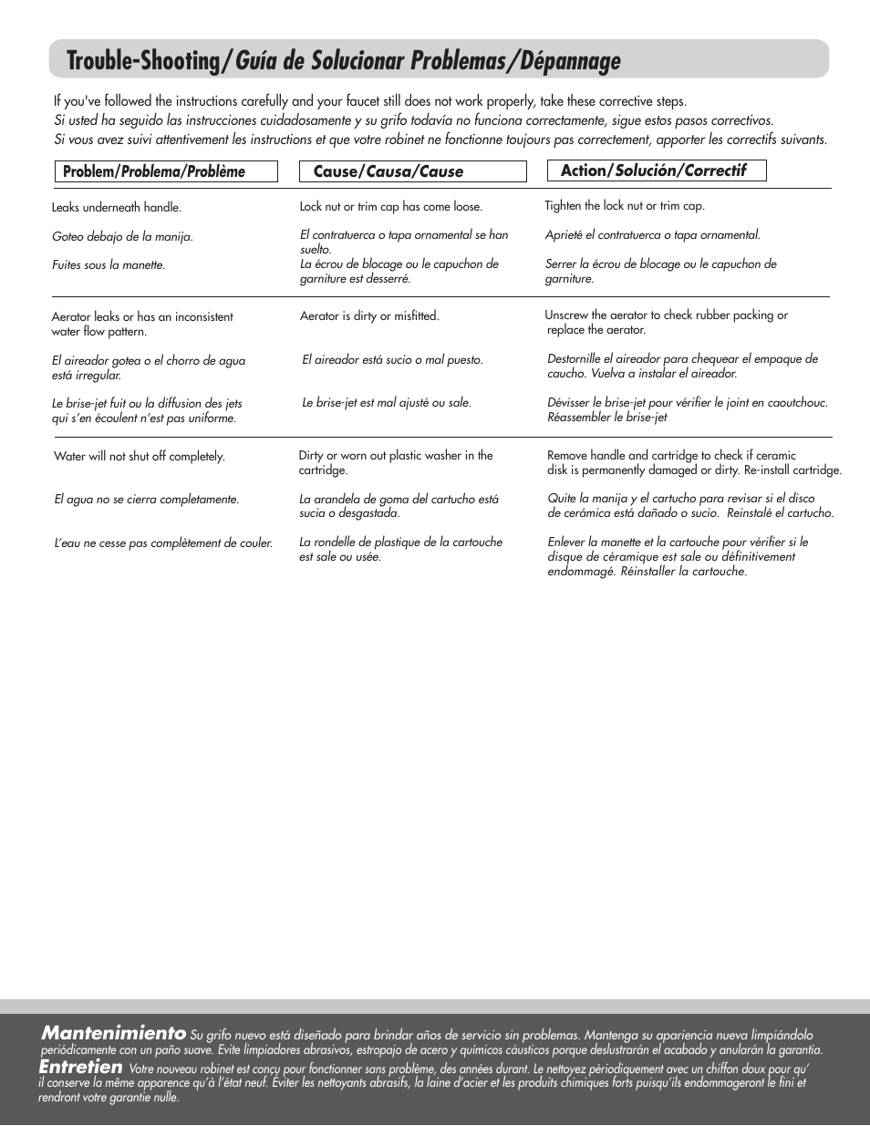 Mantenimiento, Entretien | Danze D304010 - Installation Manual User Manual | Page 6 / 6