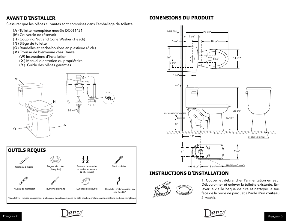 Avant d’installer, Outils requis, Dimensions du produit instructions d’installation | Danze DC061421 - Installation Manual User Manual | Page 9 / 11