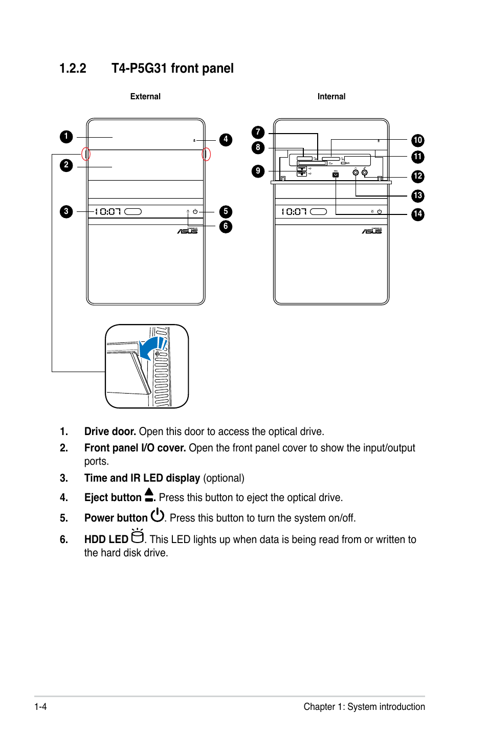 2 t4-p5g31 front panel | Asus T3-P5G31 User Manual | Page 14 / 92