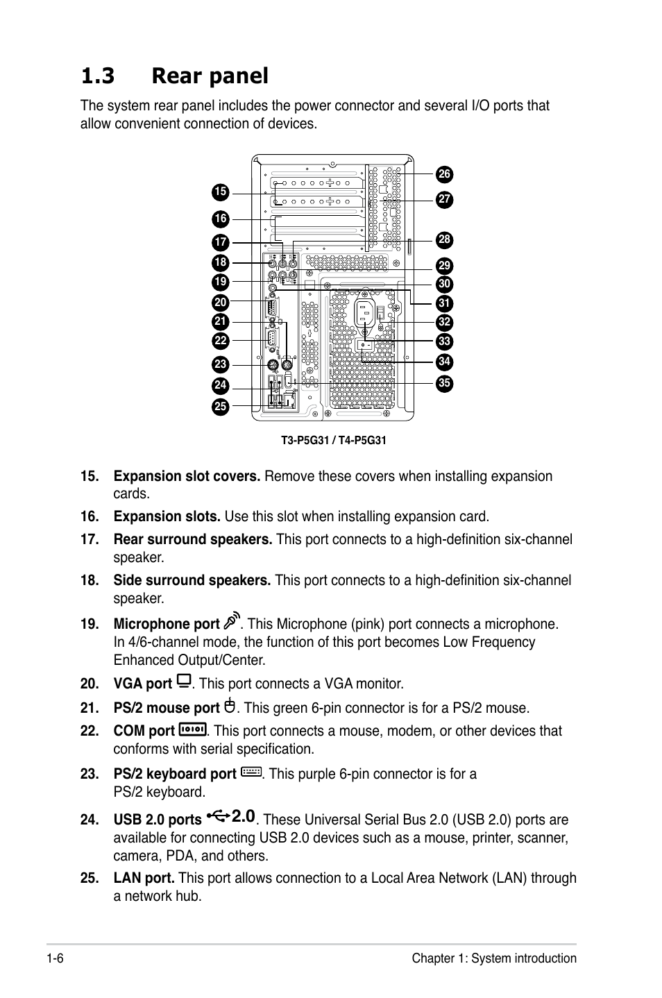 3 rear panel, 6 chapter 1: system introduction | Asus T3-P5G31 User Manual | Page 16 / 92