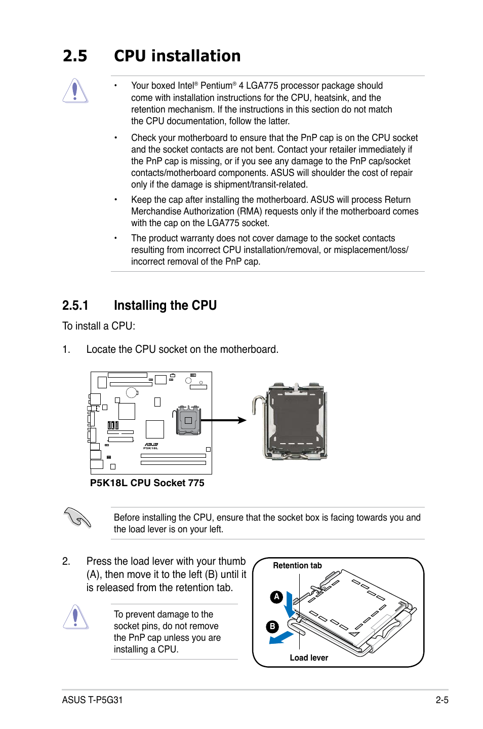 5 cpu installation, 1 installing the cpu | Asus T3-P5G31 User Manual | Page 25 / 92