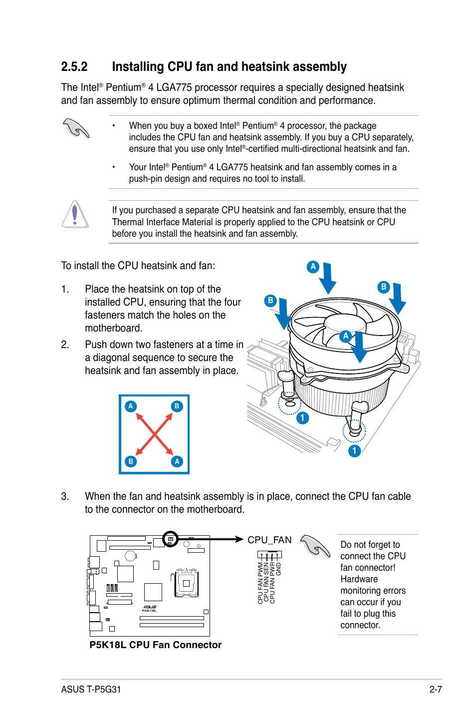 2 installing cpu fan and heatsink assembly, The intel, Pentium | Asus T3-P5G31 User Manual | Page 27 / 92